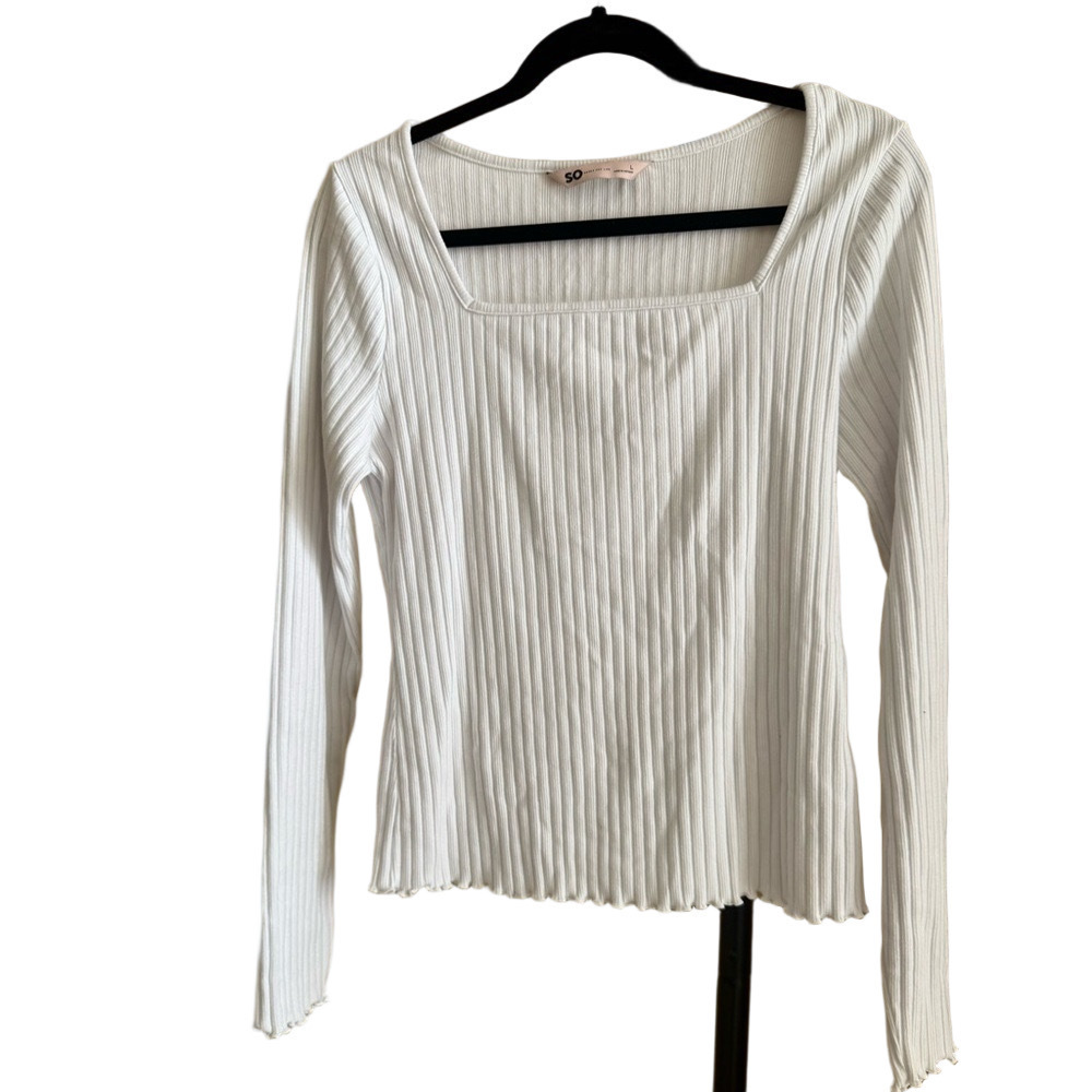 SO White Ribbed Long Sleeve Blouse